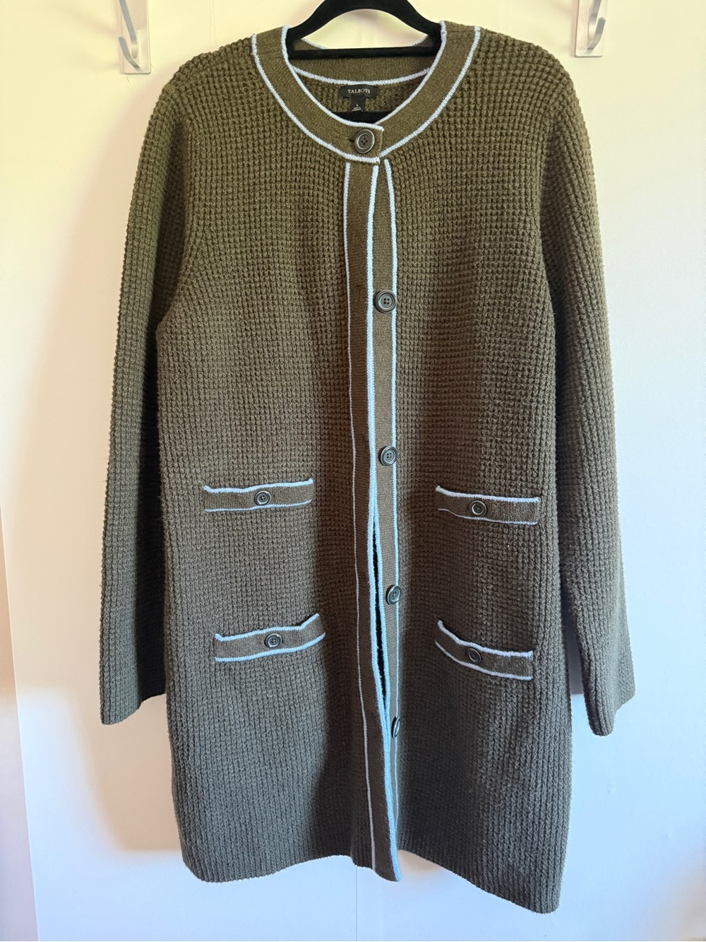 Talbots Long Textured Cardigan Sweater Large Olive Blue Trim Button Front Coat